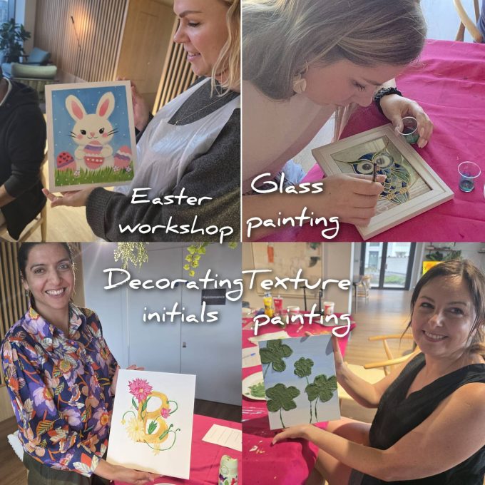 Art Club workshops collage: Easter workshop, glass painting, decorating initials and texture painting
