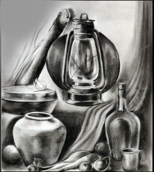 Charcoal still-life drawing of a lantern, pots and bottle