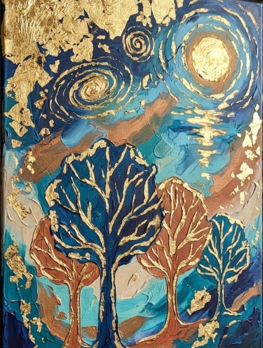 Acrylic gold leaf painting of trees under a starry night sky