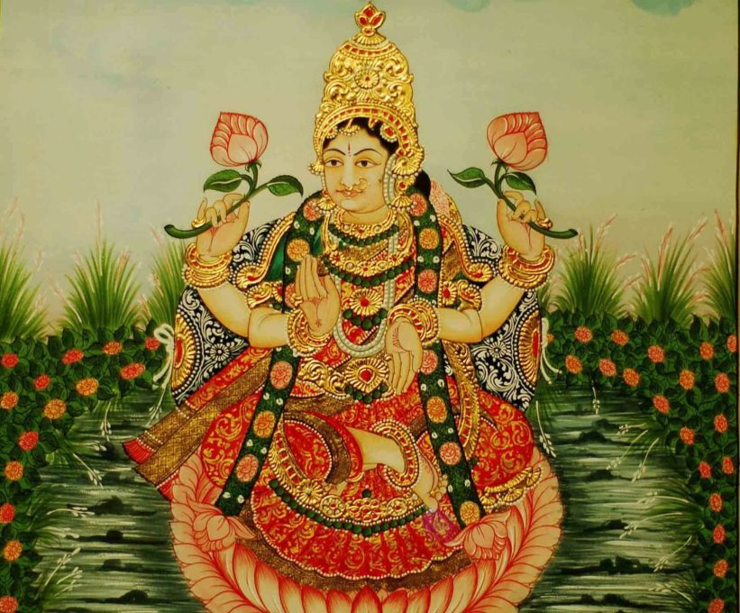 Mysore Painting of a goddess on a lotus, Tanjore/Mysore style