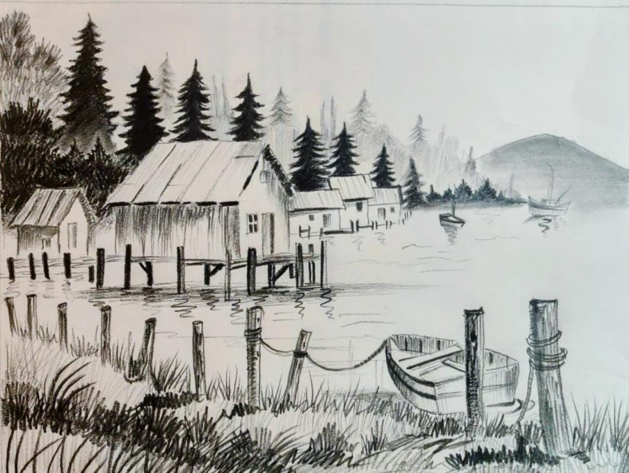 Pencil sketch of a lakeside boathouse with fishing boats