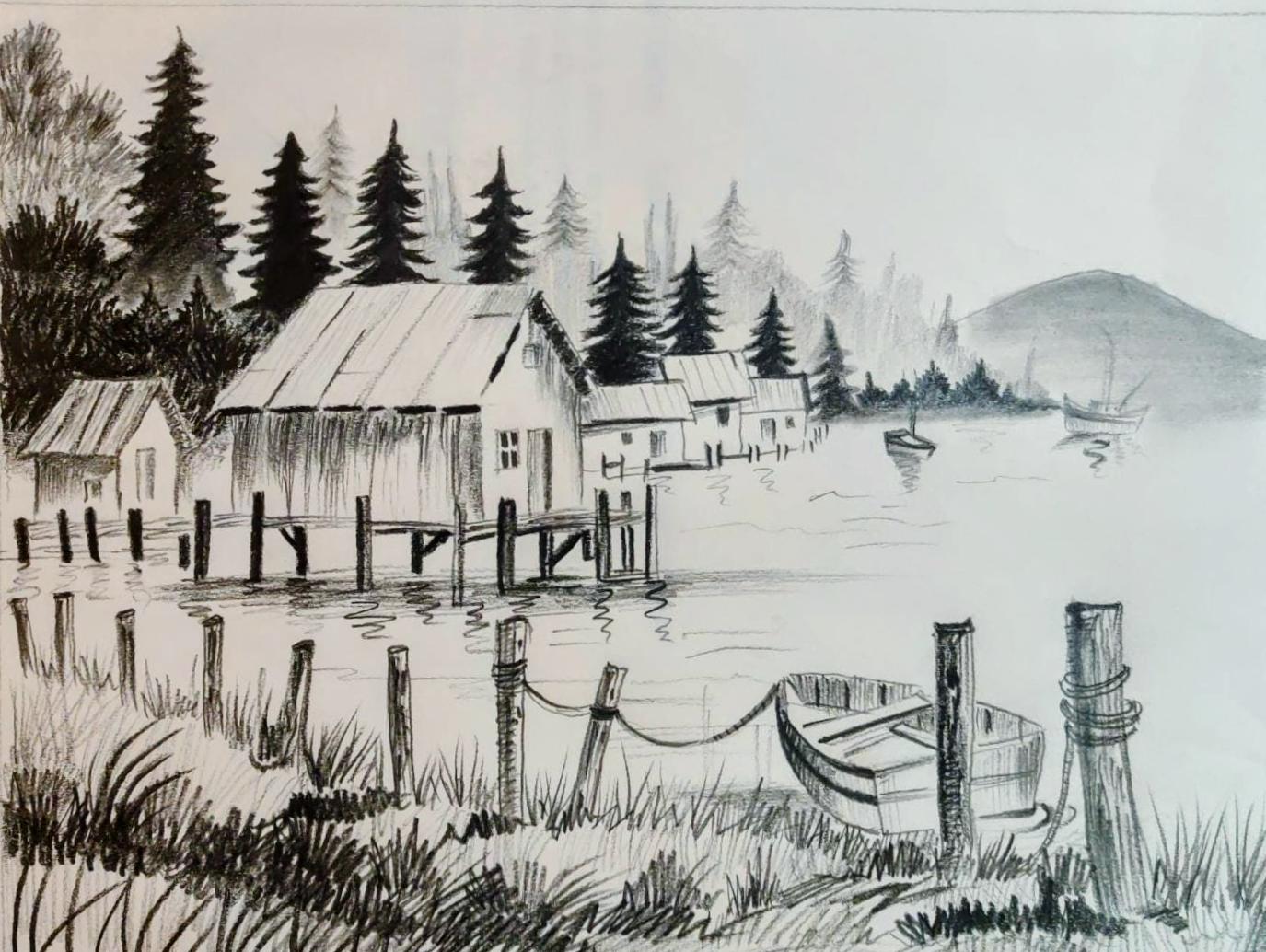 Pencil sketch of a lakeside boathouse with fishing boats