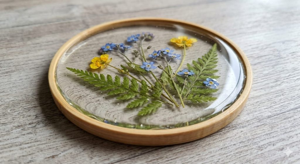 Resin art coaster with pressed wildflowers and fern