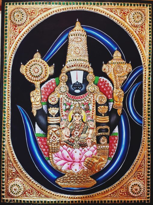 Tanjore painting of Balaji with Lakshmi in gold-leaf relief work