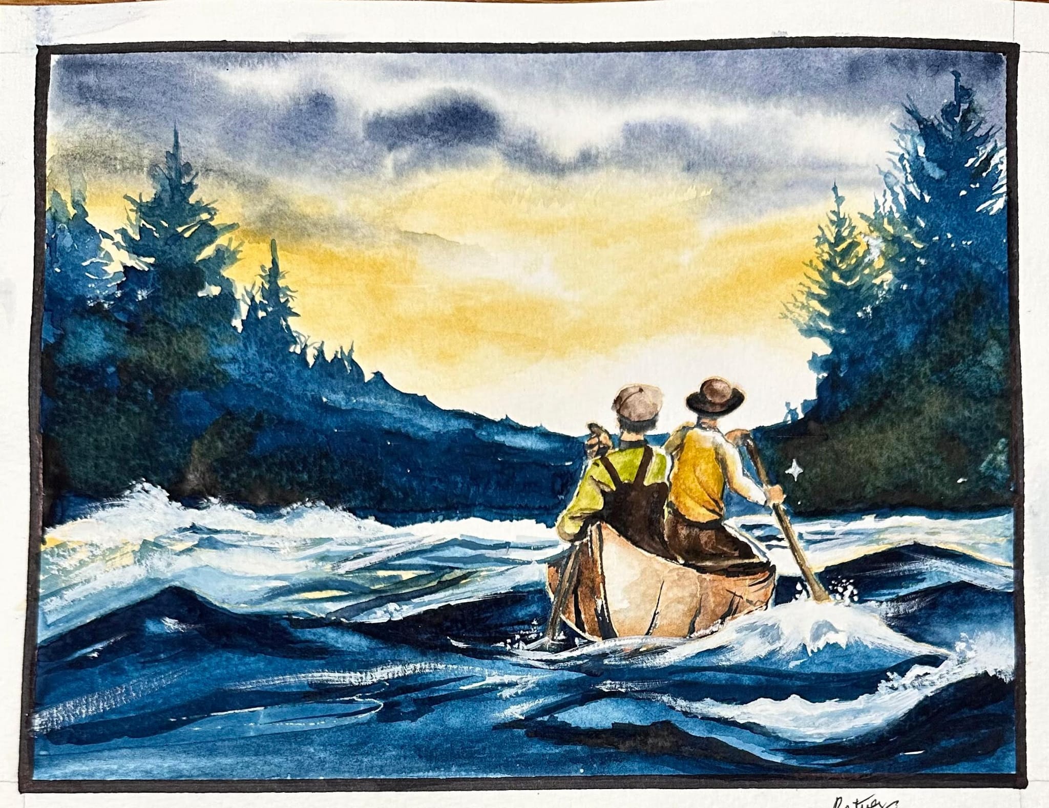 Watercolour painting of two people canoeing at sunset