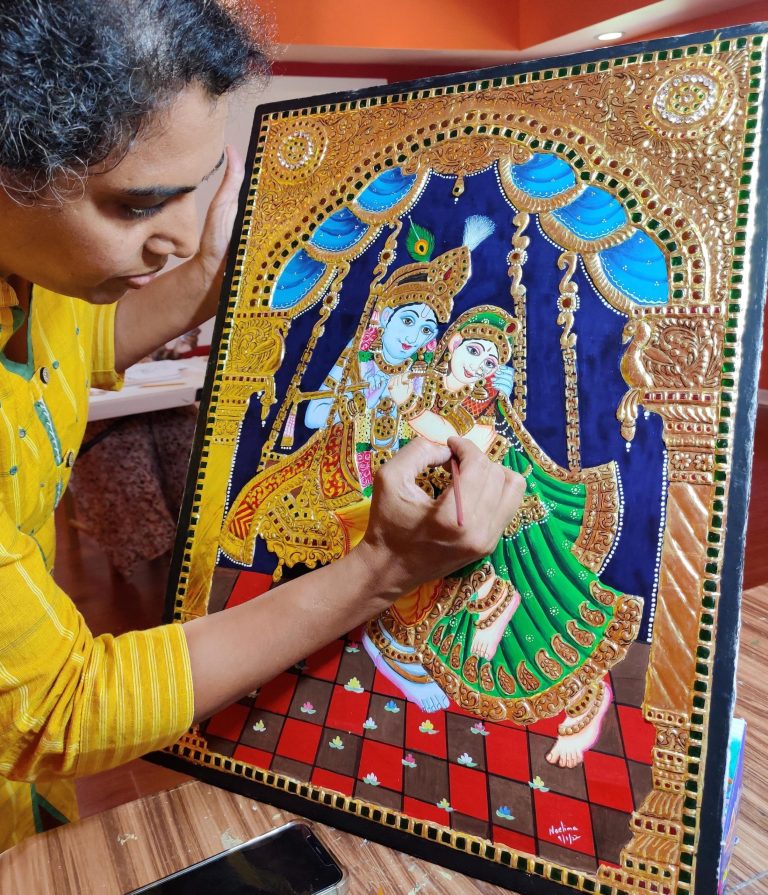 Tanjore painting — Radha Krishna, gold-leaf work in progress