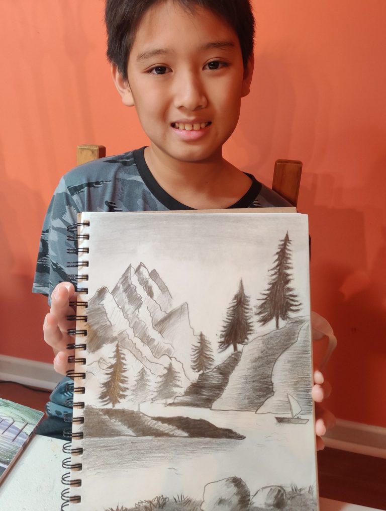 A young student's pencil landscape sketch